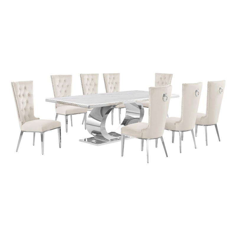 Best Quality Furniture White Marble Dining Set with Cream Velvet Chairs