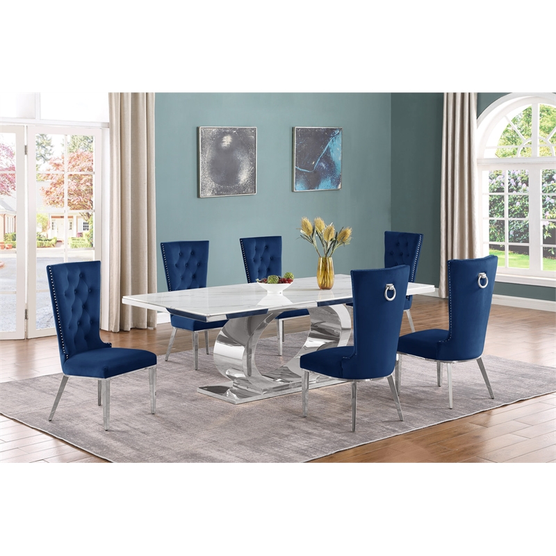 Best Quality Furniture White Marble Dining Set with Navy Blue Velvet Chairs