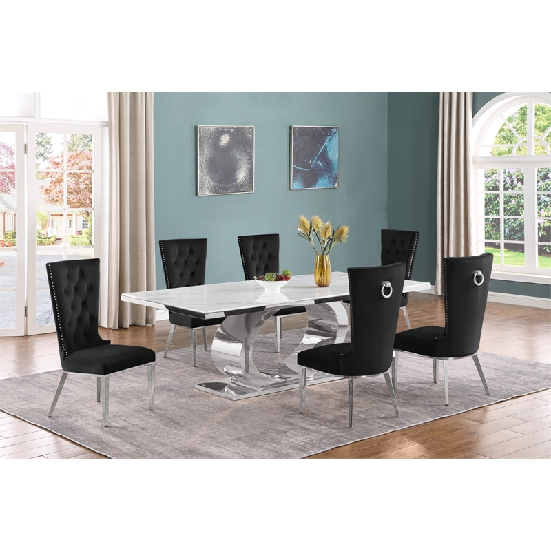 Best Quality Furniture White Marble Dining Set with Black Velvet Chairs