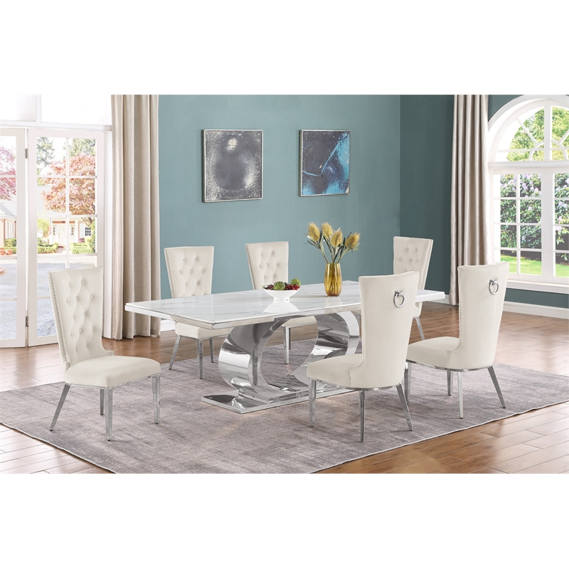 Best Quality Furniture White Marble Dining Set with Cream Velvet Chairs