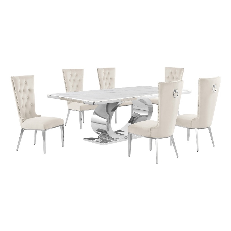 Best Quality Furniture White Marble Dining Set with Cream Velvet Chairs