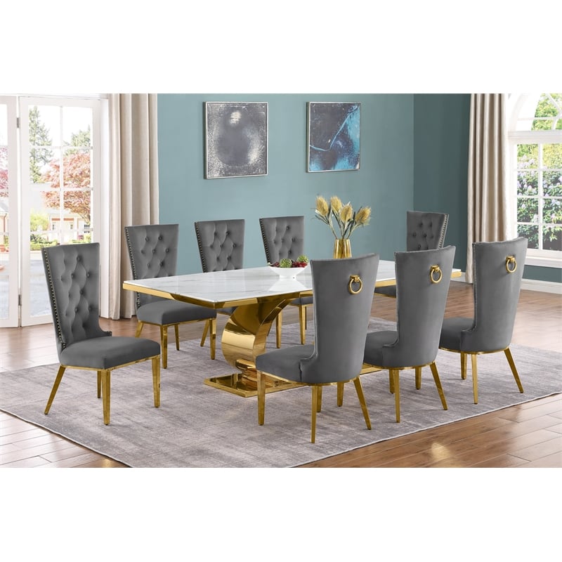 Best Quality Furniture White Marble Dining Set with Dark Gray Velvet Chairs
