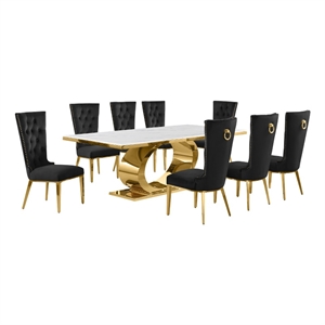 Best Quality Furniture White Marble Dining Set with Black Velvet Chairs