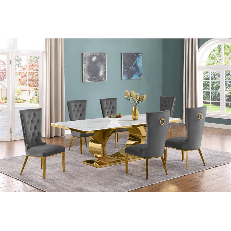Best Quality Furniture White Marble Dining Set with Dark Gray Velvet Chairs