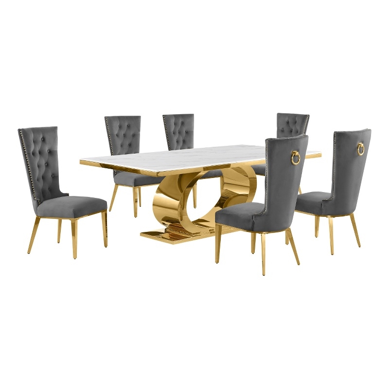 Best Quality Furniture White Marble Dining Set with Dark Gray Velvet Chairs