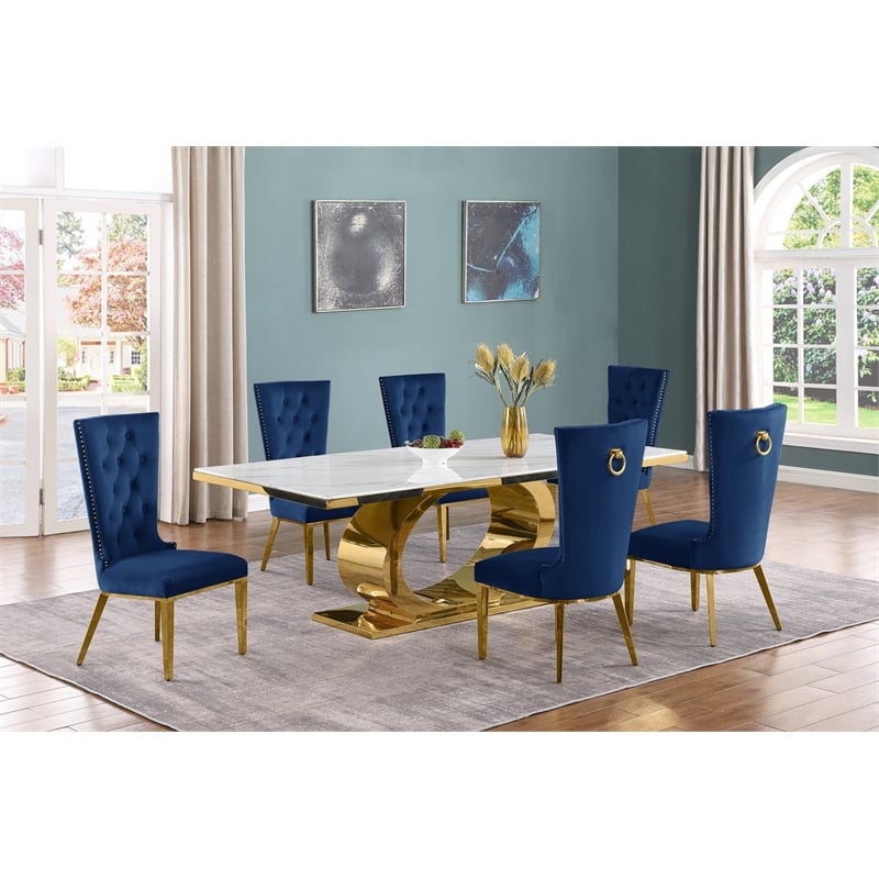 Best Quality Furniture White Marble Dining Set with Navy Blue Velvet Chairs