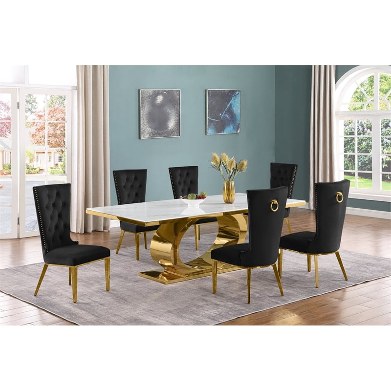 Best Quality Furniture White Marble Dining Set with Black Velvet Chairs