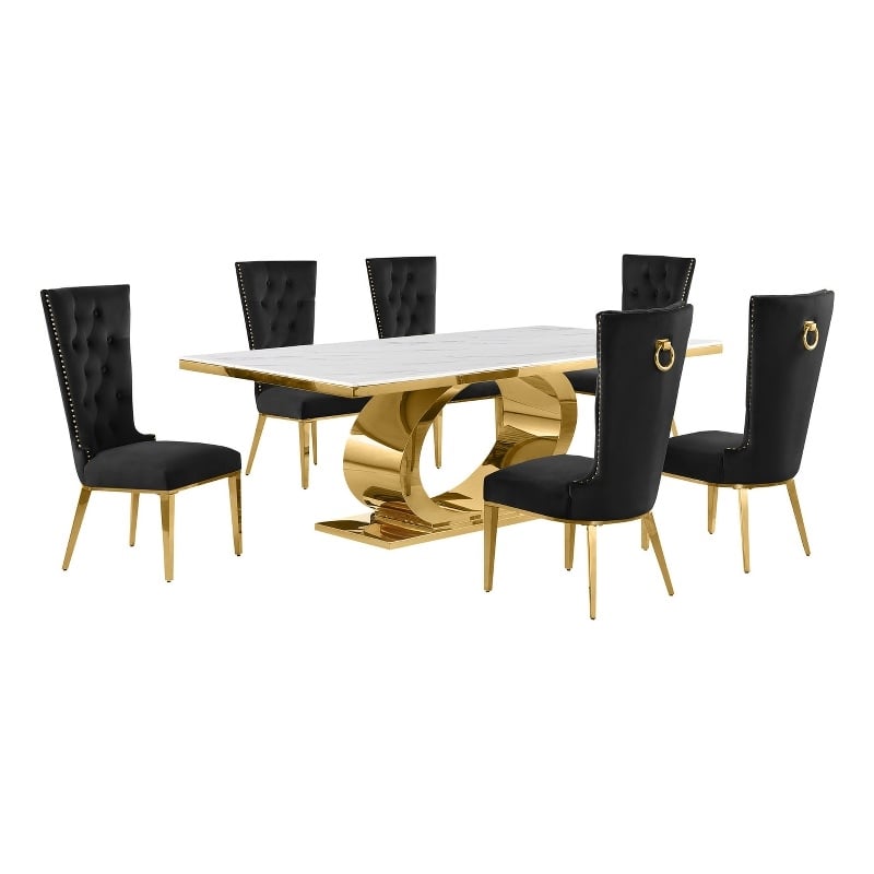 Best Quality Furniture White Marble Dining Set with Black Velvet Chairs