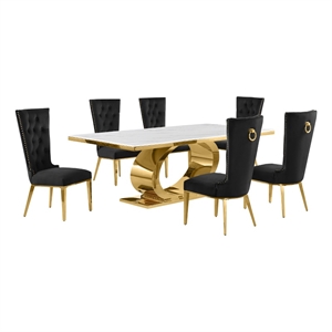Best Quality Furniture White Marble Dining Set with Black Velvet Chairs