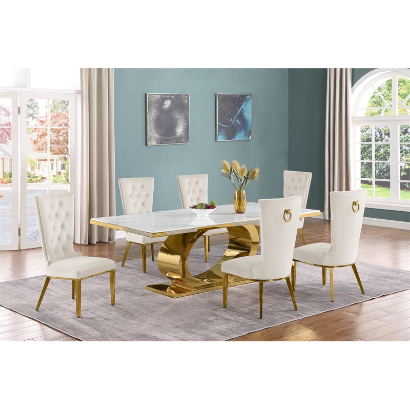 Best Quality Furniture White Marble Dining Set with Cream Velvet Chairs