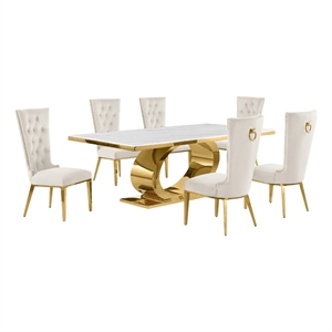 Best Quality Furniture White Marble Dining Set with Cream Velvet Chairs