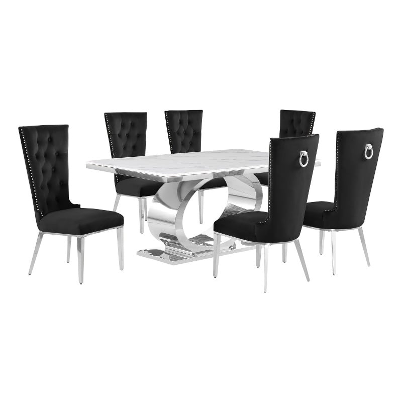Best Quality Furniture White Marble Dining Set with Black Velvet Chairs