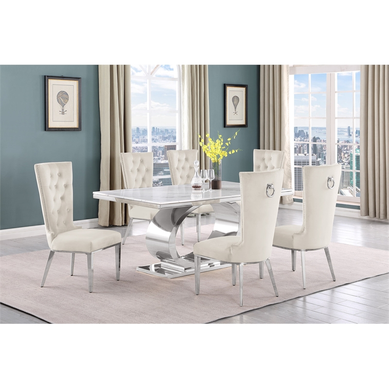 Best Quality Furniture White Marble Dining Set with Cream Velvet Chairs