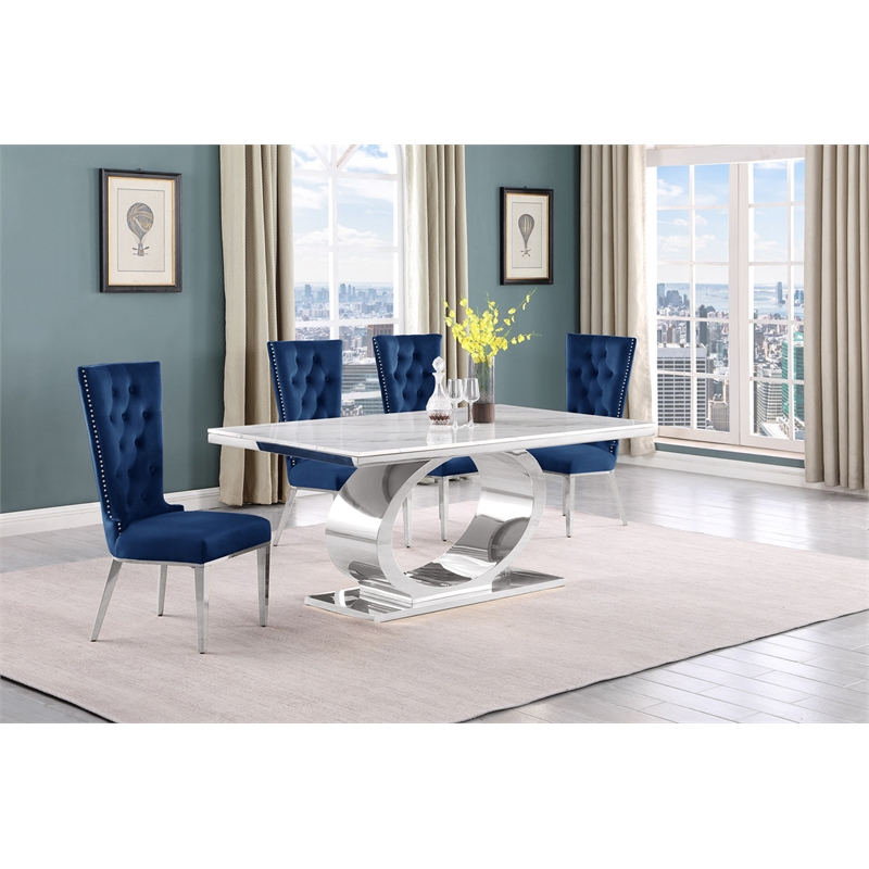 Best Quality Furniture White Marble Dining Set with Navy Blue Velvet Chairs