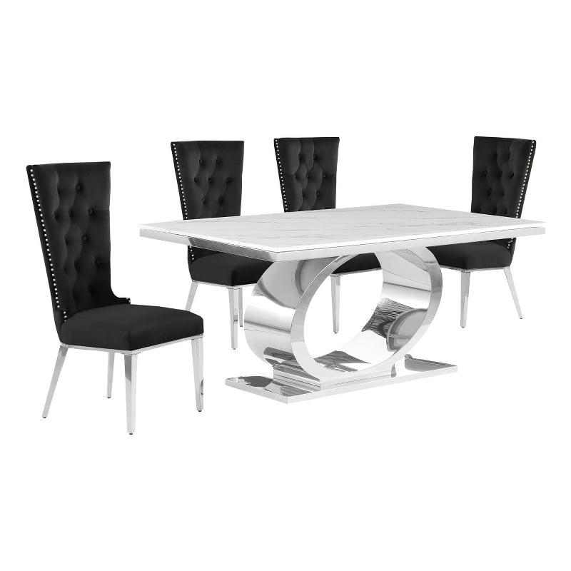 Best Quality Furniture White Marble Dining Set with Black Velvet Chairs