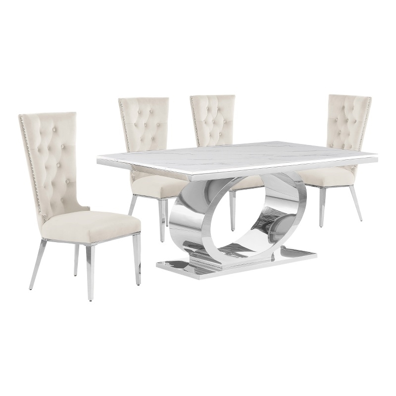 Best Quality Furniture White Marble Dining Set with Cream Velvet Chairs