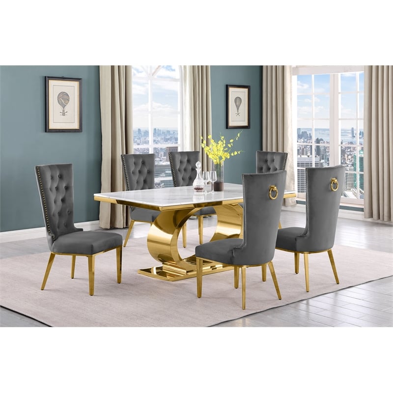 Best Quality Furniture White Marble Dining Set with Dark Gray Velvet Chairs