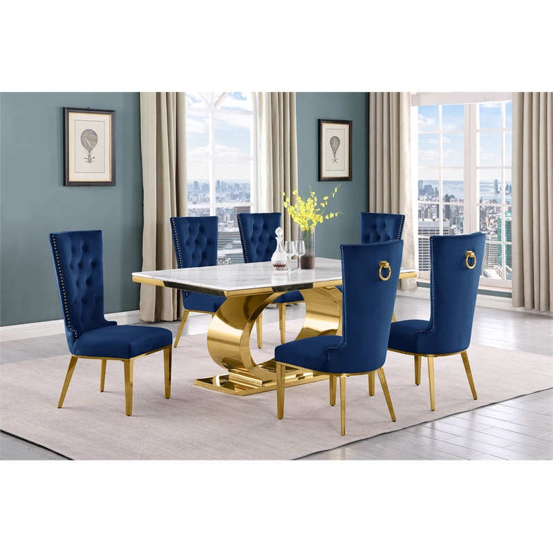 Best Quality Furniture White Marble Dining Set with Navy Blue Velvet Chairs