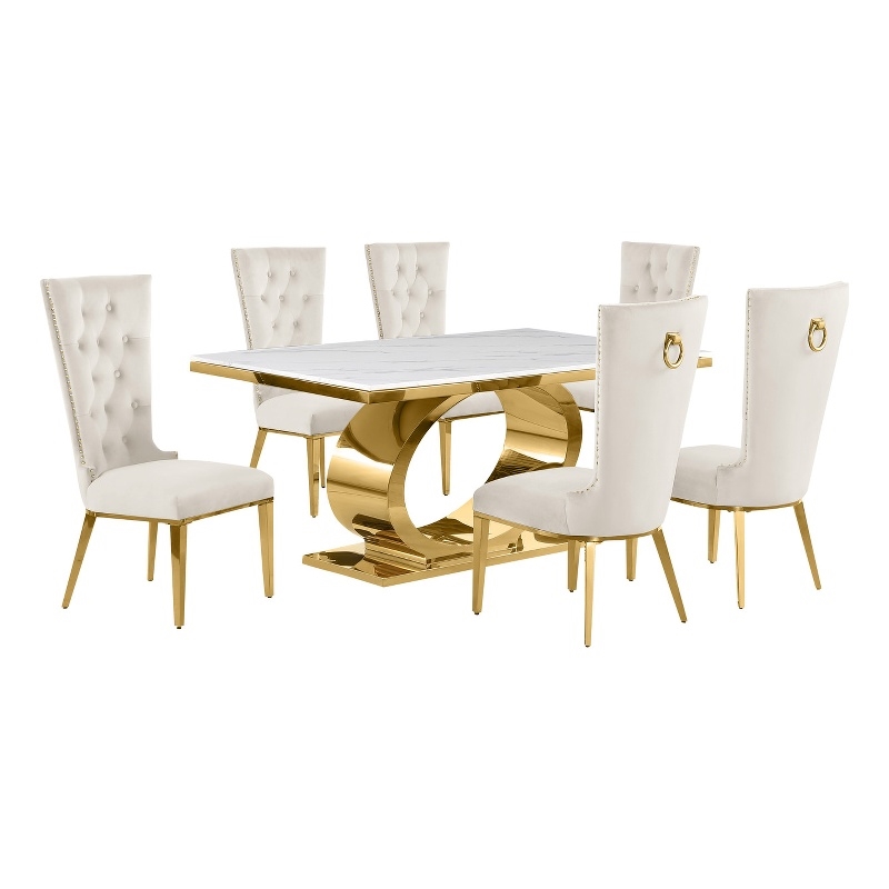 Best Quality Furniture White Marble Dining Set with Cream Velvet Chairs