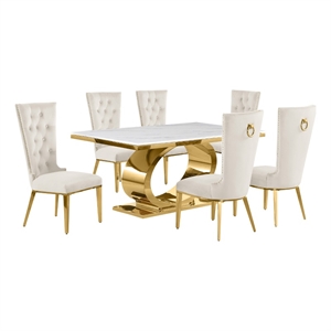 Best Quality Furniture White Marble Dining Set with Cream Velvet Chairs