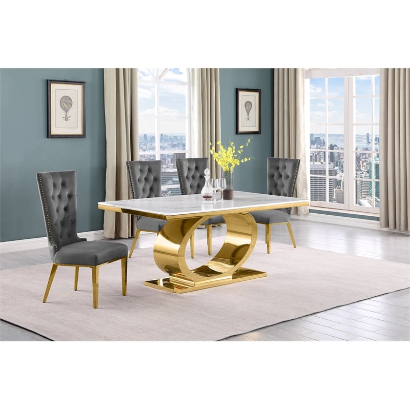 Best Quality Furniture White Marble Dining Set with Dark Gray Velvet Chairs