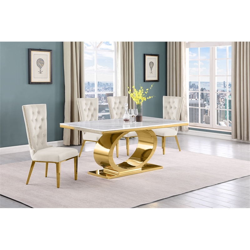 Best Quality Furniture White Marble Dining Set with Cream Velvet Chairs