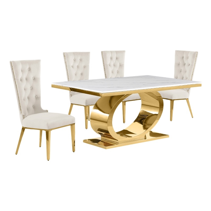 Best Quality Furniture White Marble Dining Set with Cream Velvet Chairs