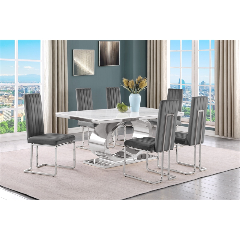 Best Quality Furniture White Marble Dining Set with Dark Gray Velvet Chairs