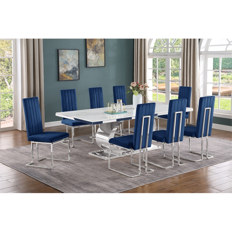 Best Quality Furniture White Marble Dining Set with Navy Blue Velvet Chairs