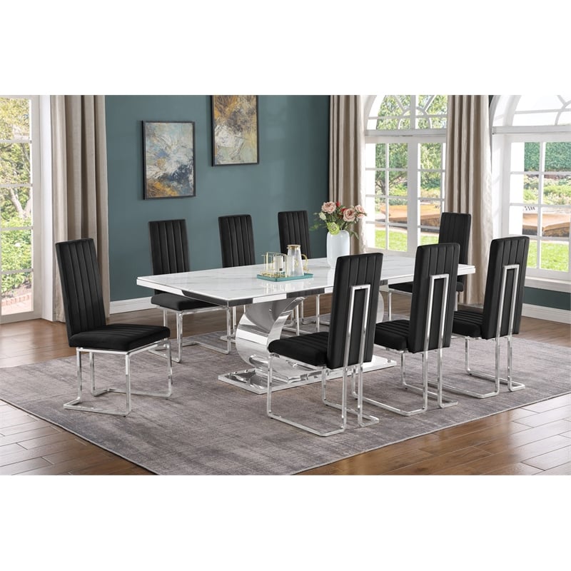 Best Quality Furniture White Marble Dining Set with Black Velvet Chairs