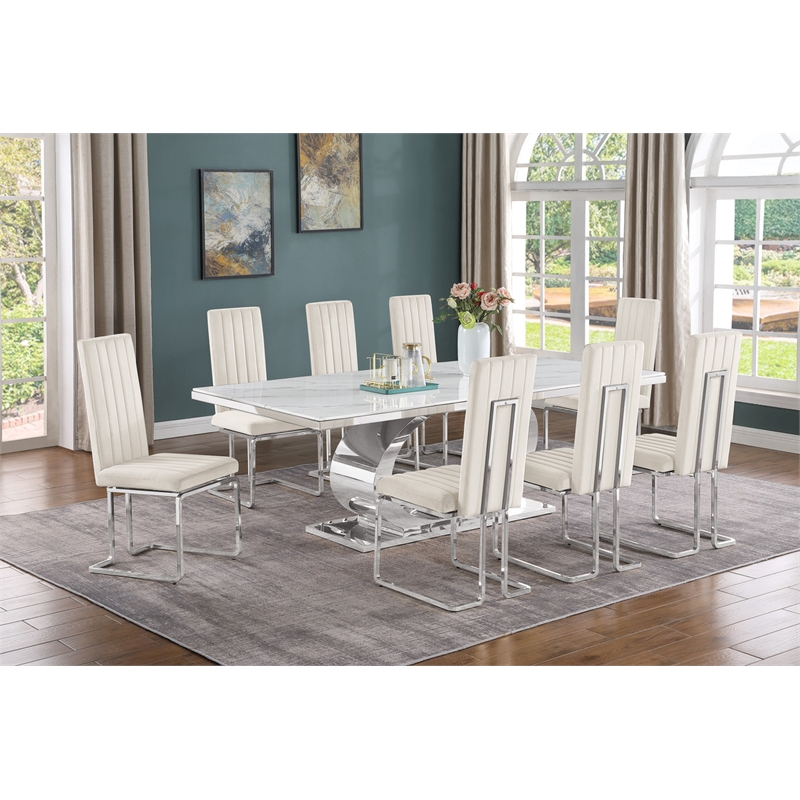 Best Quality Furniture White Marble Dining Set with Cream Velvet Chairs
