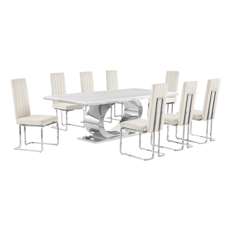 Best Quality Furniture White Marble Dining Set with Cream Velvet Chairs