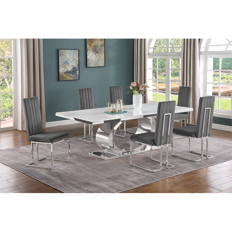 Best Quality Furniture White Marble Dining Set with Dark Gray Velvet Chairs