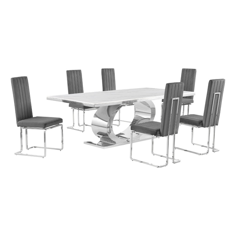 Best Quality Furniture White Marble Dining Set with Dark Gray Velvet Chairs