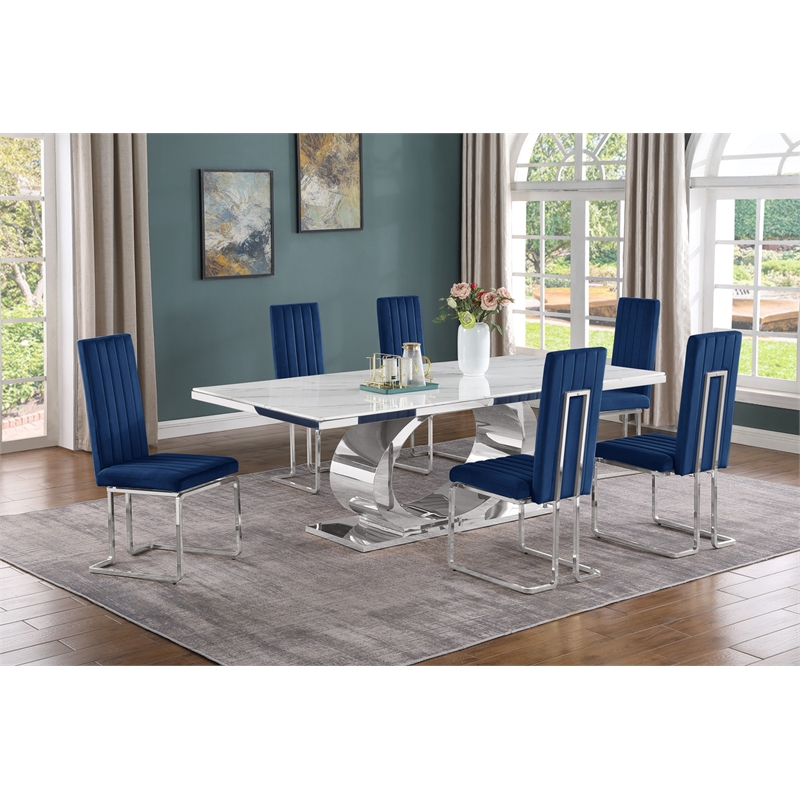 Best Quality Furniture White Marble Dining Set with Navy Blue Velvet Chairs