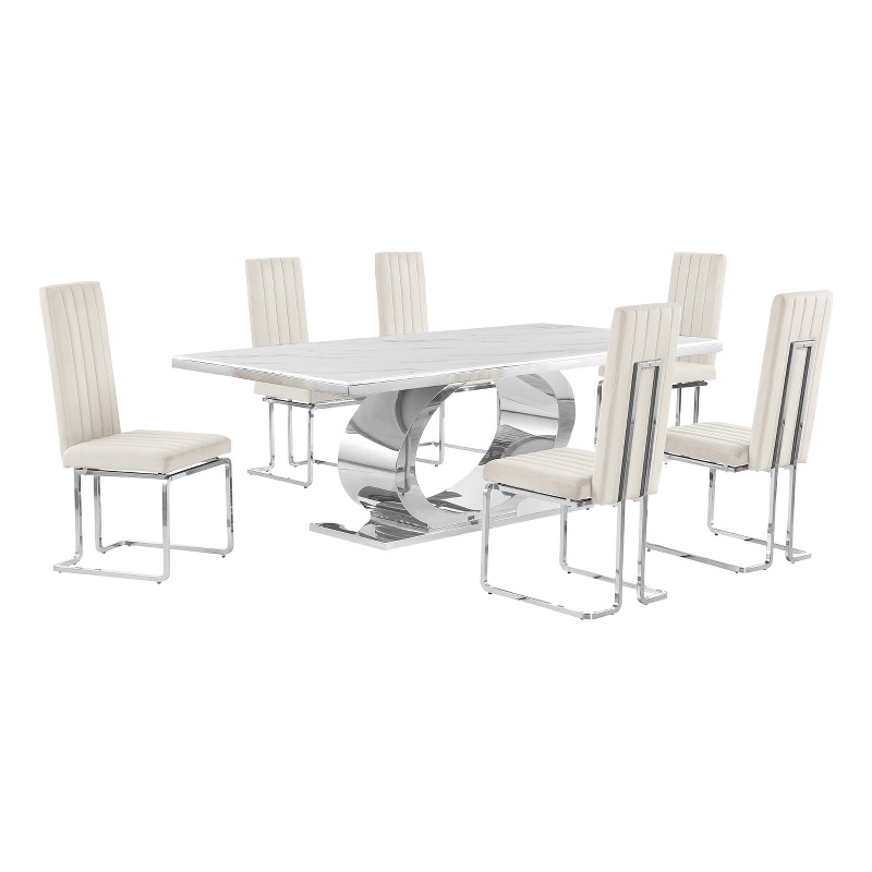 Best Quality Furniture White Marble Dining Set with Cream Velvet Chairs