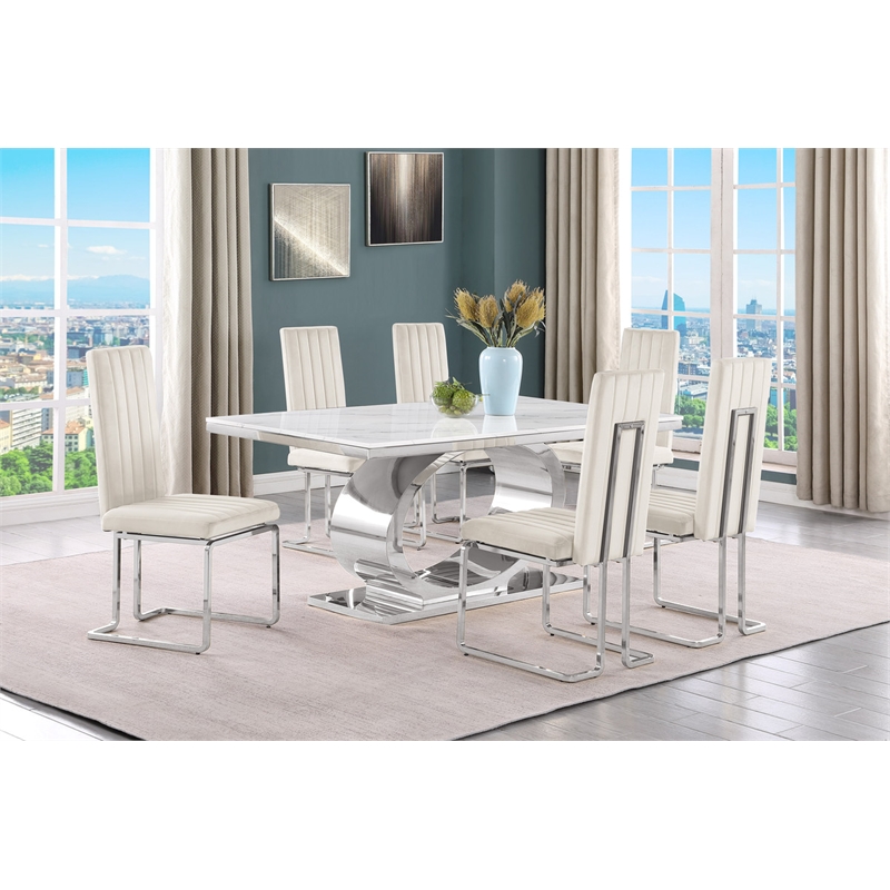 Best Quality Furniture White Marble Dining Set with Cream Velvet Chairs