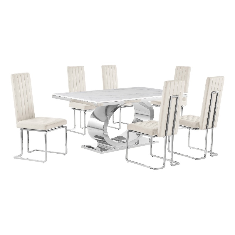 Best Quality Furniture White Marble Dining Set with Cream Velvet Chairs