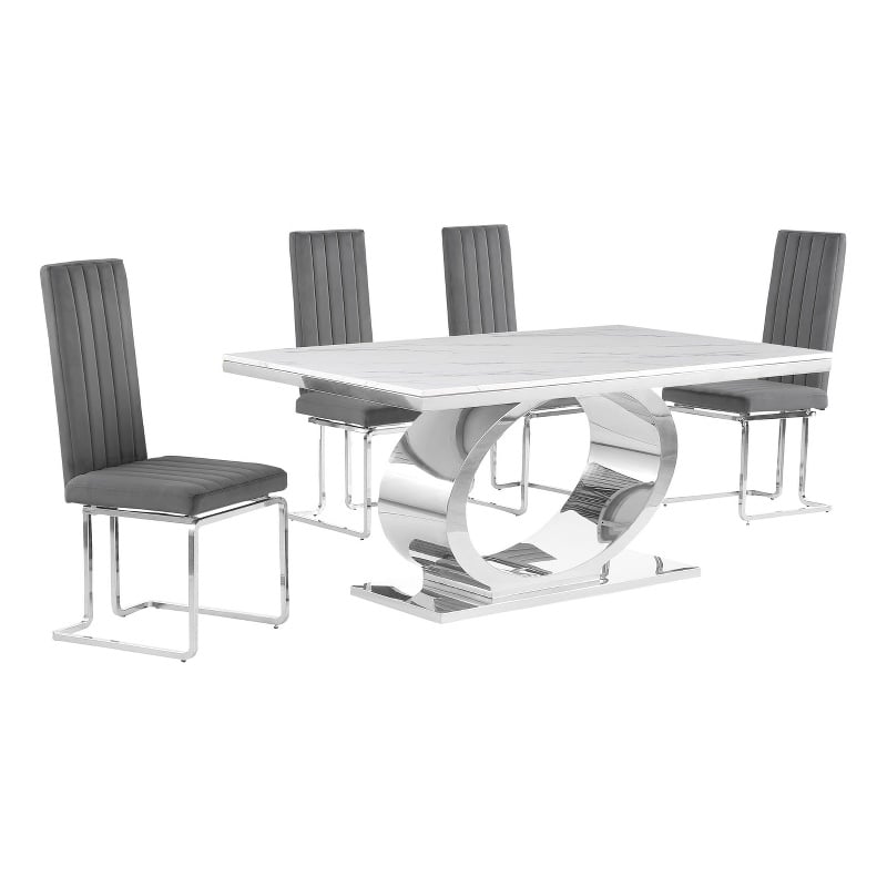 Best Quality Furniture White Marble Dining Set with Dark Gray Velvet Chairs