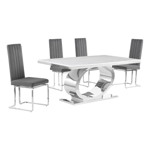 Best Quality Furniture White Marble Dining Set with Dark Gray Velvet Chairs