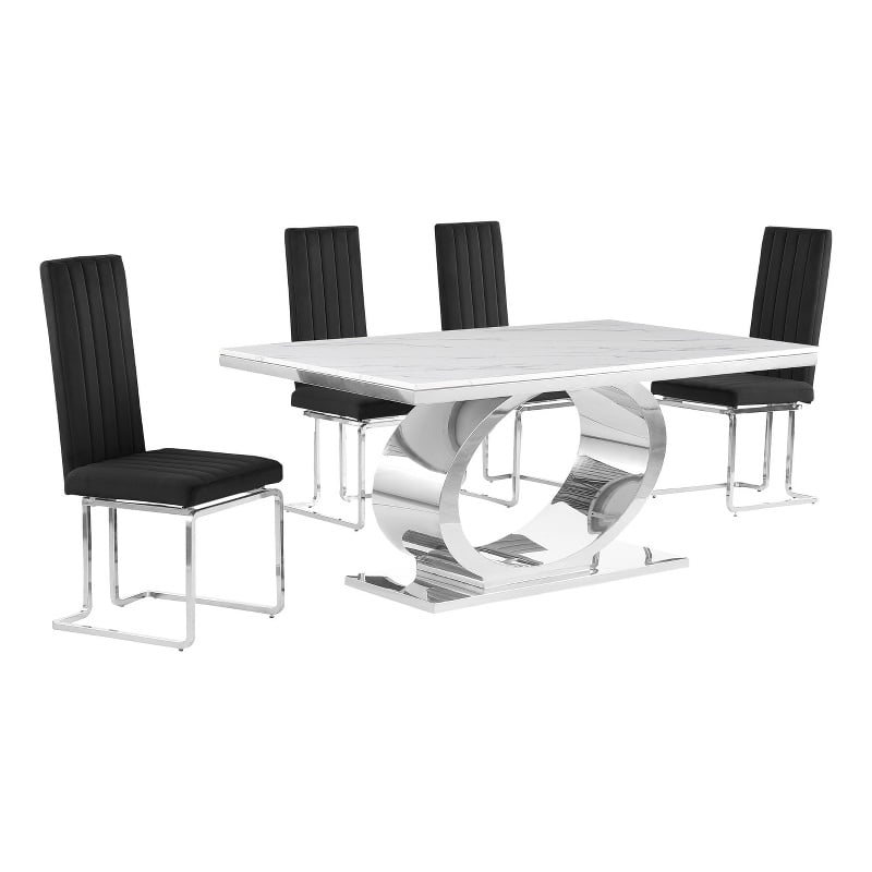 Best Quality Furniture White Marble Dining Set with Black Velvet Chairs