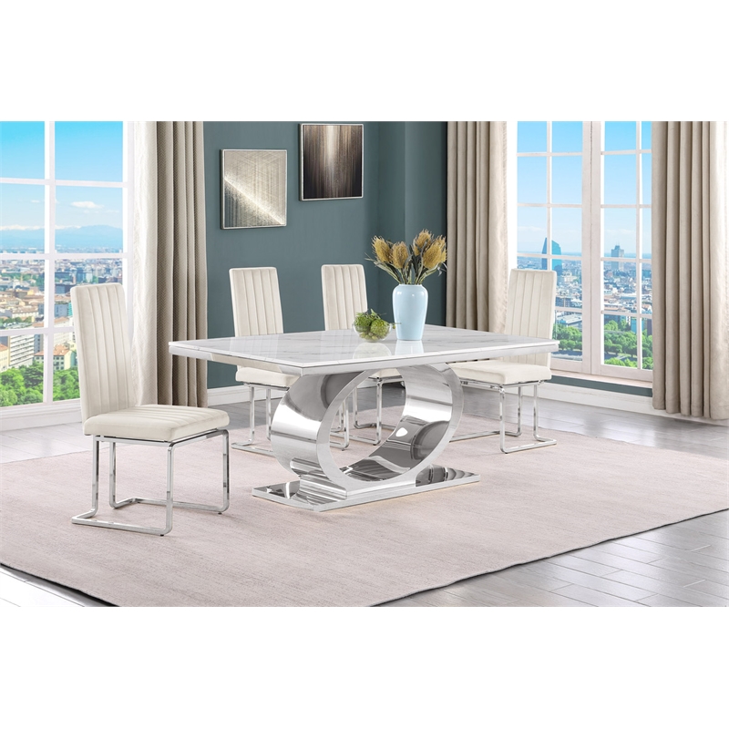 Best Quality Furniture White Marble Dining Set with Cream Velvet Chairs