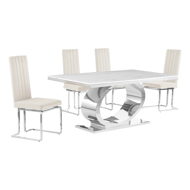 Best Quality Furniture White Marble Dining Set with Cream Velvet Chairs