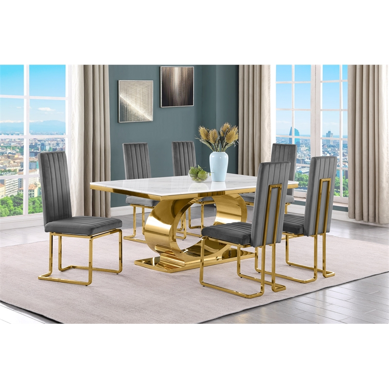 Best Quality Furniture White Marble Dining Set with Dark Gray Velvet Chairs