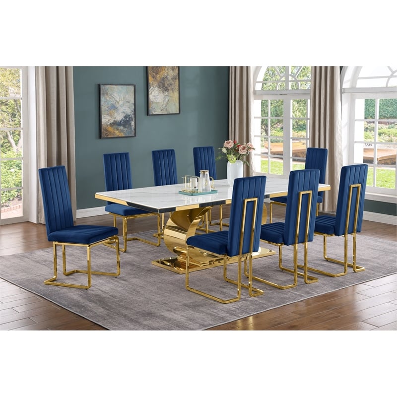 Best Quality Furniture White Marble Dining Set with Navy Blue Velvet Chairs