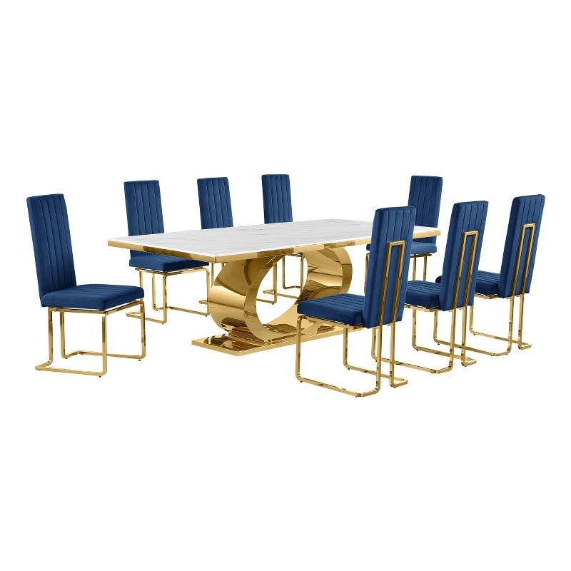 Best Quality Furniture White Marble Dining Set with Navy Blue Velvet Chairs