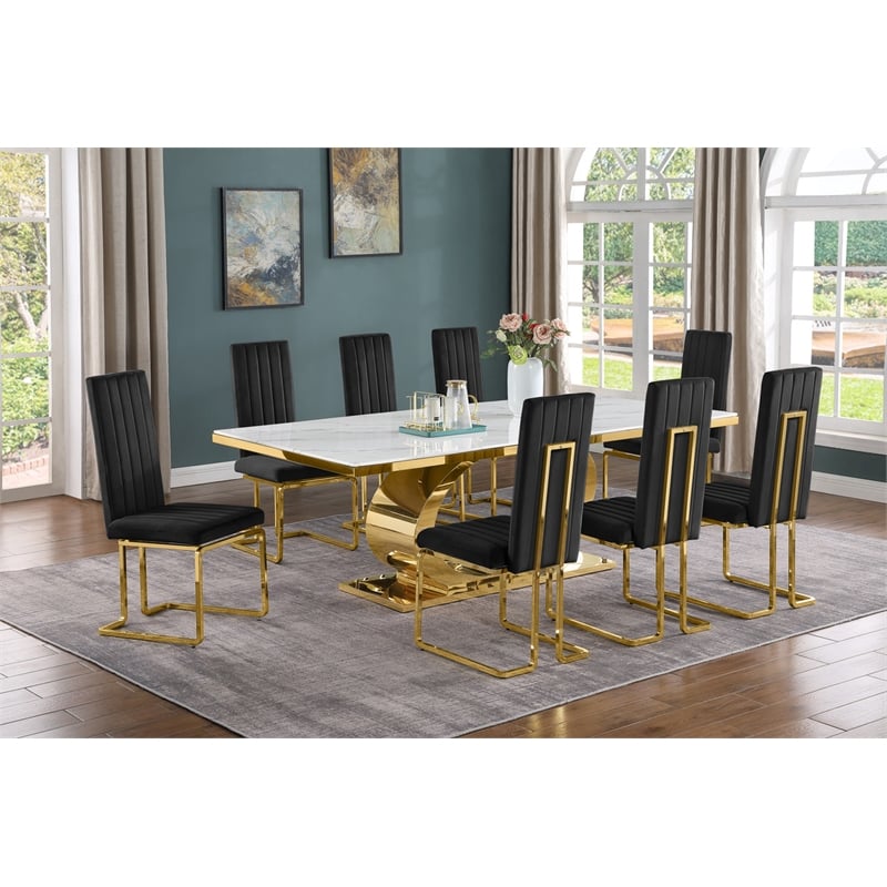 Best Quality Furniture White Marble Dining Set with Black Velvet Chairs