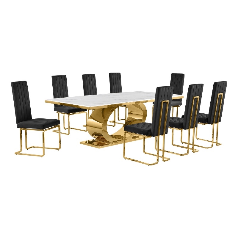 Best Quality Furniture White Marble Dining Set with Black Velvet Chairs