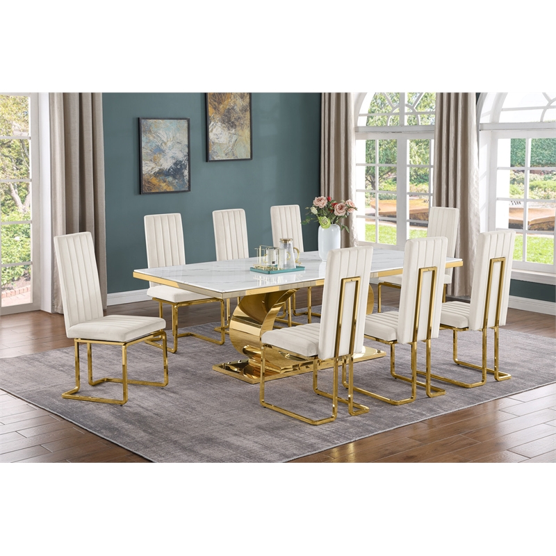 Best Quality Furniture White Marble Dining Set with Cream Velvet Chairs