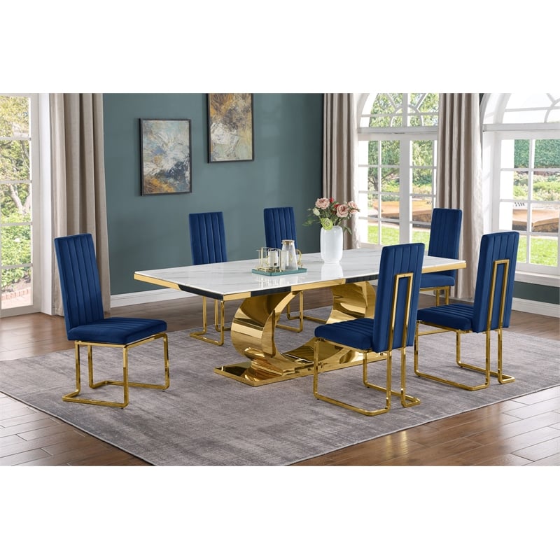Best Quality Furniture White Marble Dining Set with Navy Blue Velvet Chairs